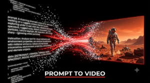 An abstract visual representation of text lines transforming into hyper-realistic cinematic video frames, styled in black, white, and red.