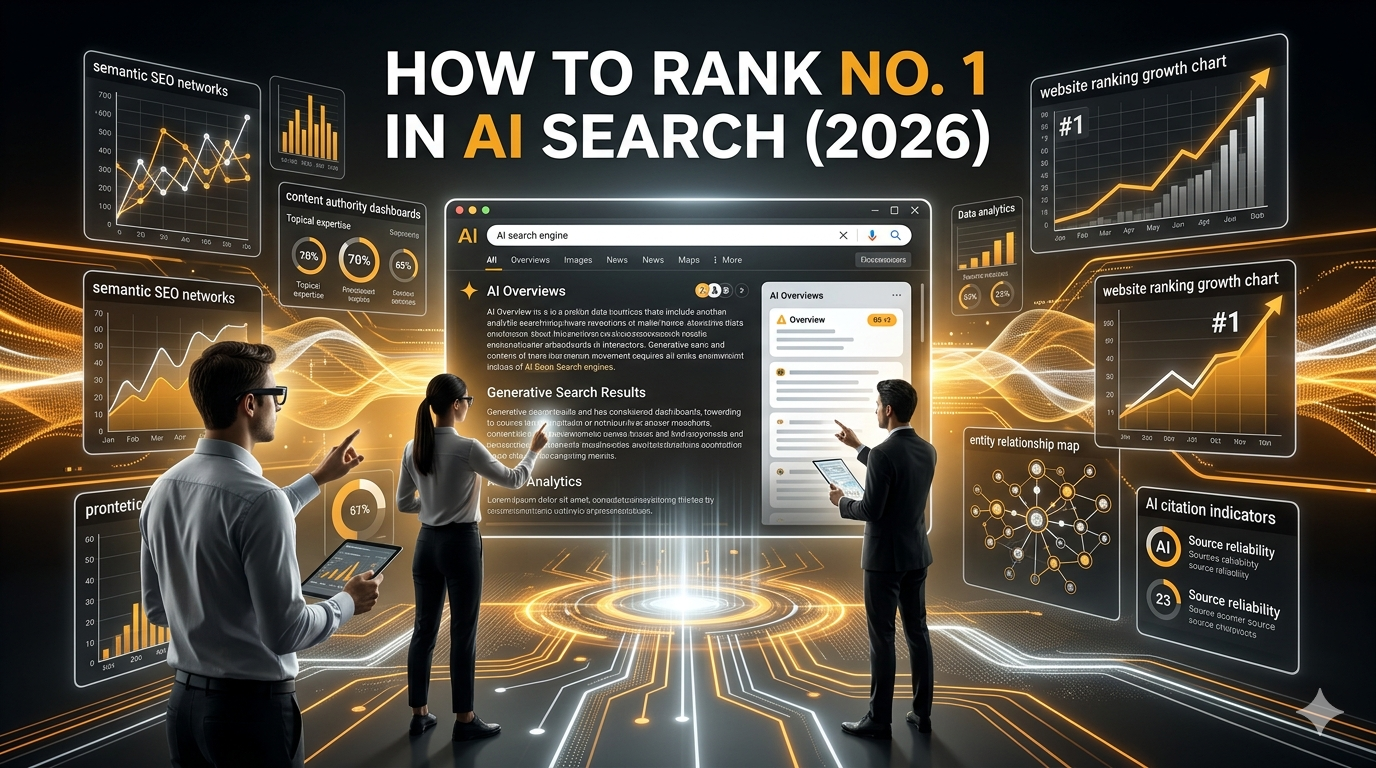 AI search optimization dashboard showing ranking strategies, AI overviews, semantic SEO, and generative search optimization techniques.