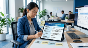 Content Writing Strategy for SEO Blogs SEO content writer planning structured blog strategy with keywords and headings on a digital interface.