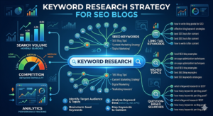 Keyword Research Strategy for SEO Blogs Keyword research diagram showing clusters of related SEO search terms and analytics icons.