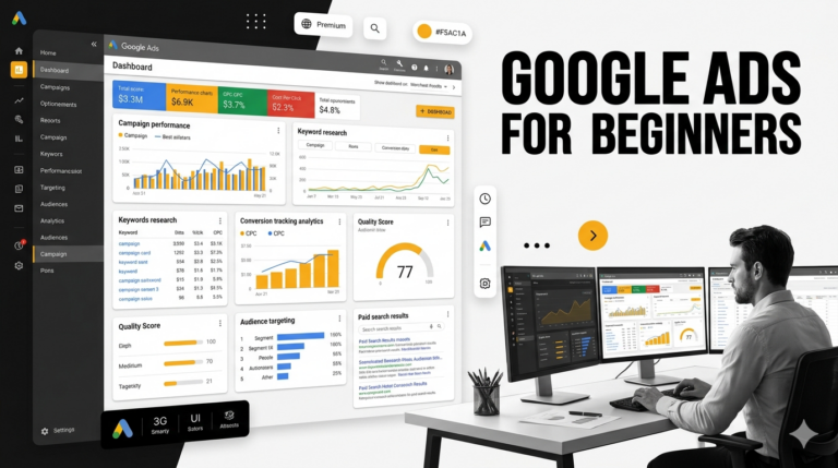 Google Ads training course dashboard showing keyword research, campaign management, bidding strategies, and conversion optimization.