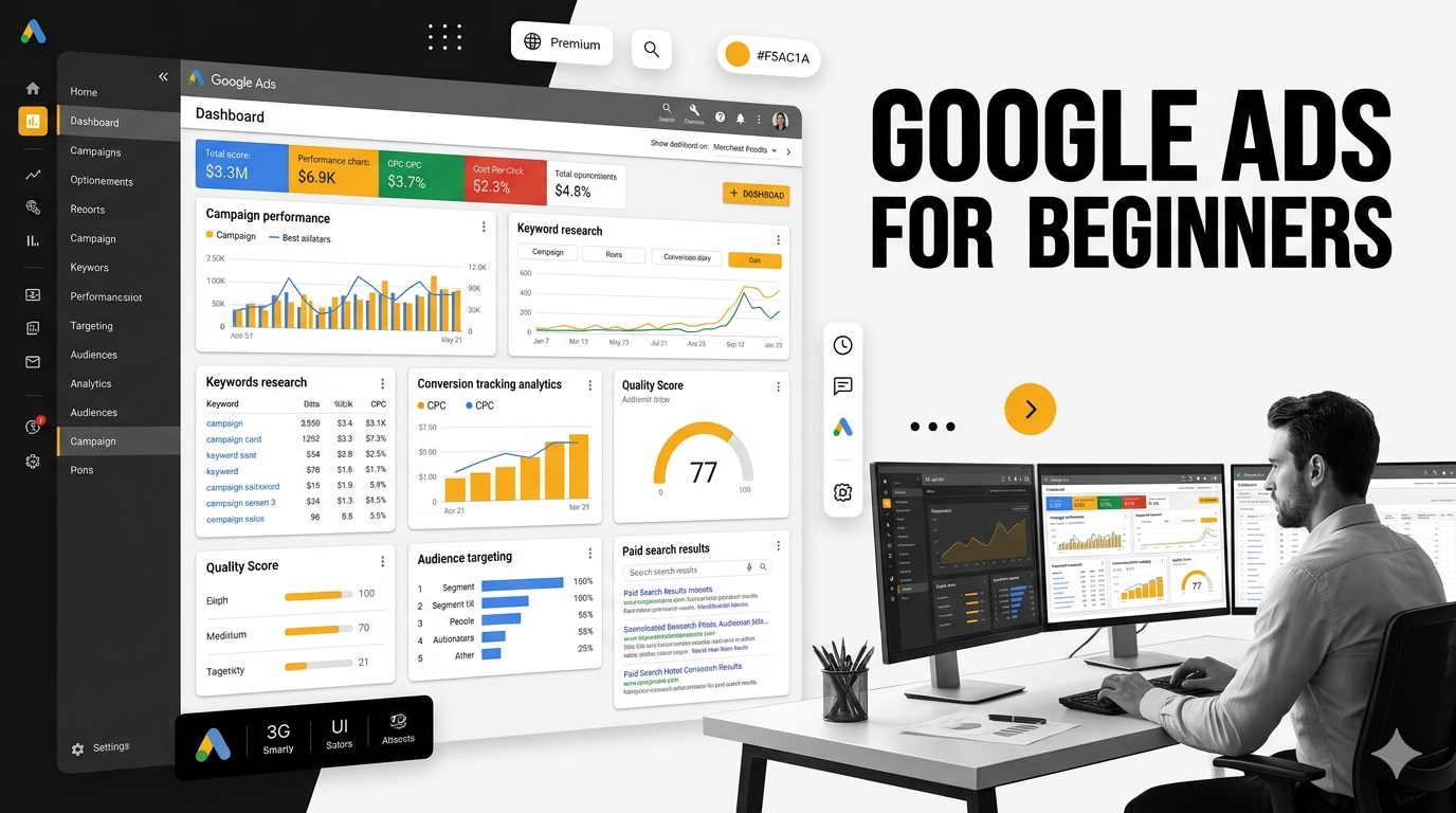 Google Ads training course dashboard showing keyword research, campaign management, bidding strategies, and conversion optimization.
