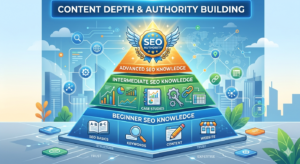 Content Depth & Authority Building SEO knowledge pyramid showing beginner to advanced levels leading to authority building.