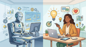 Comparison of AI automation and human creativity in digital marketing.