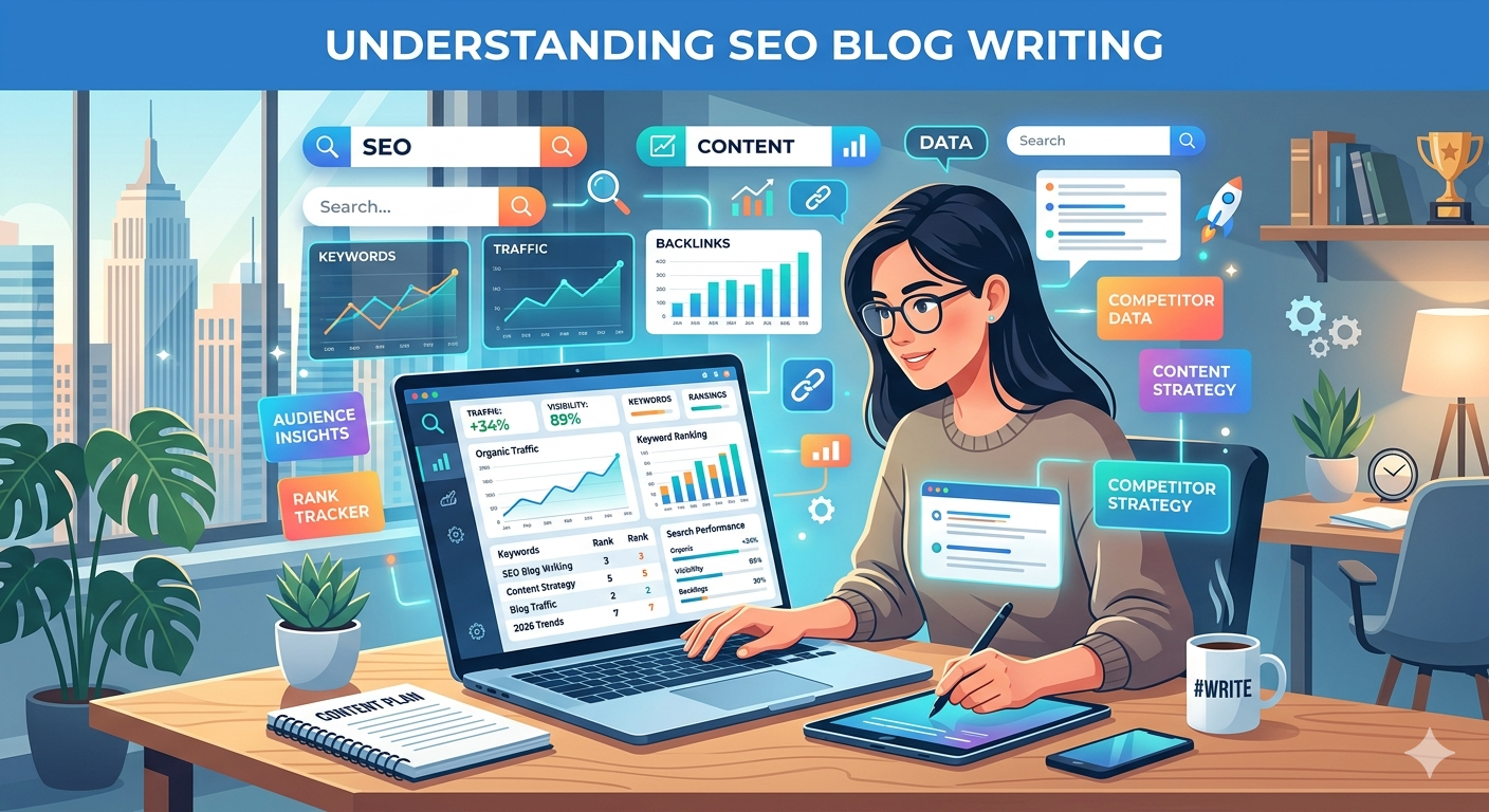 SEO content writer analyzing keyword data and blog performance on a digital dashboard.