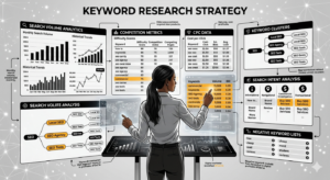 Google Ads Keyword Research Strategy Keyword research dashboard showing search volume, competition analysis, and keyword targeting.
