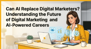 AI and digital marketing concept showing collaboration between human marketer and artificial intelligence tools.