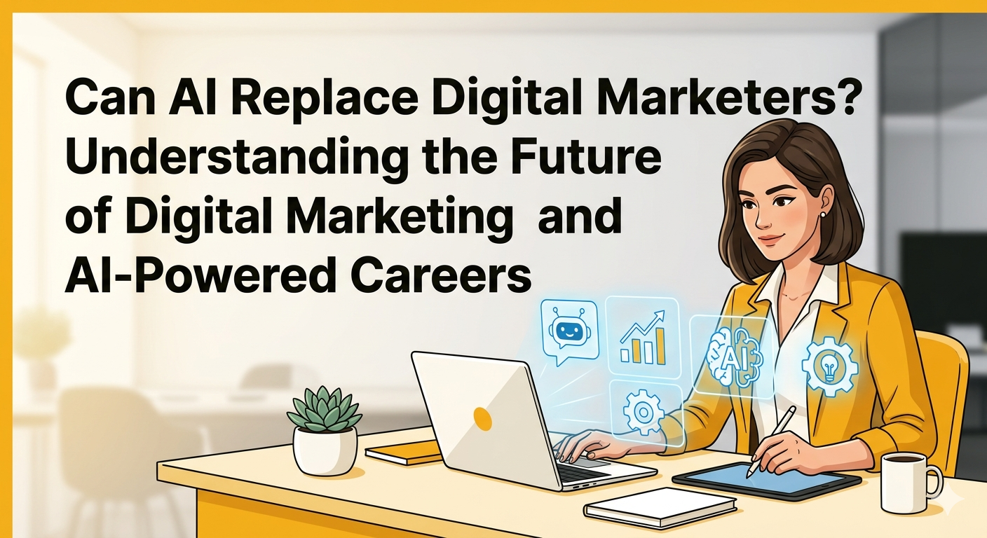 AI and digital marketing concept showing collaboration between human marketer and artificial intelligence tools.